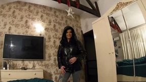 Naughty MILF friend cum 3 times on new shiny puffy jacket