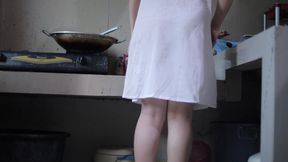 WATCH  WIFE IN SEXY WHITE DRESS   COOKING IN THE KITCHEN