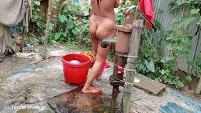 Refreshing Outdoor Bath in an Open Field