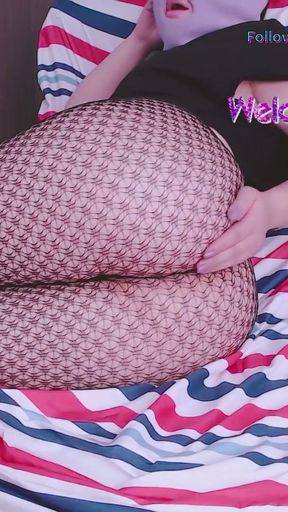 College Girl showing her perfect round butt in fishnet stockings   Clip 2