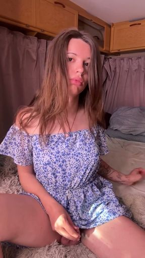 Big Dick Trans Girl in Cute Dress Cums a Lot From Vibrator