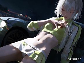 Under Pit-lane Lights, She Bends to the Night-his Grip Sets the Only Lap That Matters.