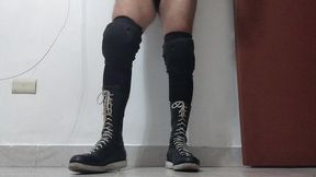 Walking and Flexing in Shiny Black Leather Wrestling Boots - Tight Laces