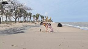 TWO LESBIAN CHICKS PLAYING ON THE BEACH GOT PICKED UP BY A TOURIST AND HAD THEIR ASSES FUCKED