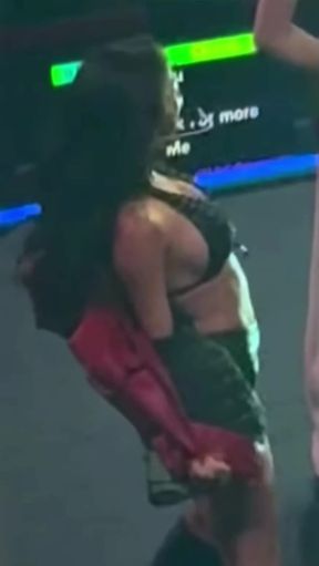 Busty babe shows off sideboob and big tits while grinding