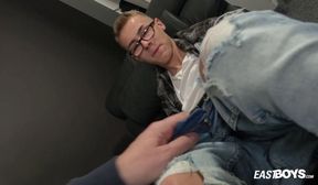handsome nerdy boy brandon hooper gets handjob his big dick