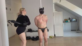 Mistress whipping her private handcuffed slave