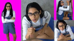 eRica rewards her boyfriend by giving him a handjob till he cums on her face & overalls!!