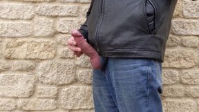 Outdoor masturbating and cumming wearing leather jacket and jeans