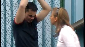 Slapping his face hard and punching him harder