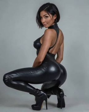 Hot Asian Virtual Model in Sexy Shiny Black Latex Outfit and Stiletto Heeled Boots