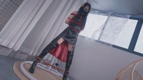 Asian Chinese Woman Enjoys Standing Rope Bondage Roleplay - Satin Dress, Thigh High Boots & Spreader Bar 26 Min