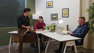 Tattooed lad is having a threesome in the office space