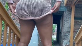 Walking Around in Fishnet Dress Fucking My Pussy on Public Staircase