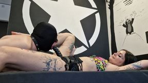 Submissive sucks her Mistress&#039;s strapon on vacation. Mouth fucking, deep throat training.