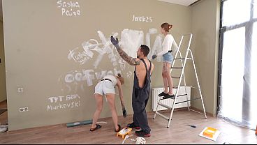 Two painters get their tight asses and pussies destroyed by the hung worker.