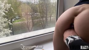 whore sits on the master s fist and squirts