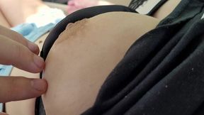 College girl in sexy bra taunts cock with big natural boobs