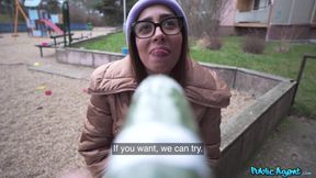 Public Hookup with Brunette Nerd in Eyeglasses - The How Deep Challenge - Martin Gun