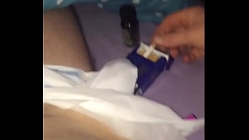 Condom wank in crinkly diaper