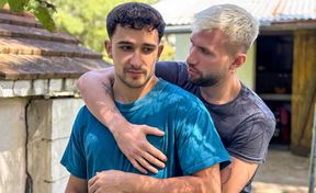 Muscular boys pose hot and intimate in flaming backyard porn