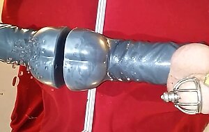 Prostate milking with HUGE dildo in Chastity till orgasm