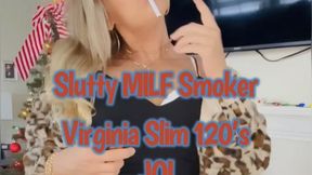 Slutty MILF Smoking VS120’s and stripping to nude with only white fishnet thigh-highs and black velvet Mary Jane heelZ