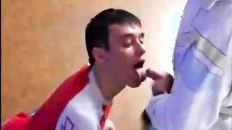 Amateur twink takes multiple loads in messy bukkake blowjob