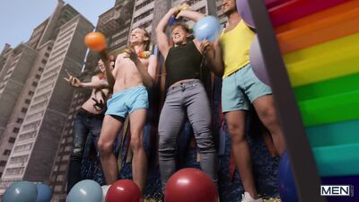 Men - As they dance atop the pride parade float, Trent King and Felix Fox hit it off and cum hard