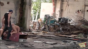 In this abandoned building this lucky motherfucker fucked two totally different girls in their asses