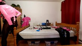 Self-bondage with pvc, steel chastity belt, and huge sextoy lock