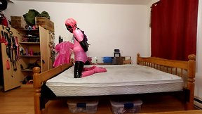 Self-bondage with pvc, steel chastity belt, and huge sextoy lock