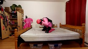 Self-bondage with pvc, steel chastity belt, and huge sextoy lock