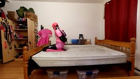 Self-bondage with pvc, steel chastity belt, and huge sextoy lock