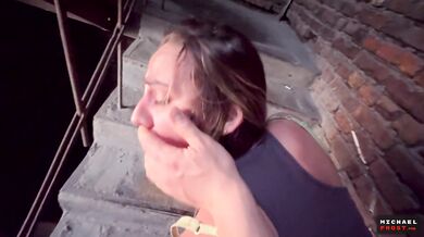 Big dick pounding blonde milf’s tight pussy on public stairs