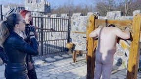 Crazy NEEDLE punishment - Restrained on the medieval stock