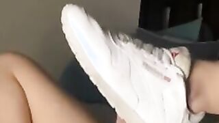 Lusty ex-wife love to cum Into her white sneakers