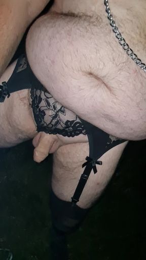 Kinky, fat suspender sissy tortures her balls outdoors and fingers the ass cunt in the park