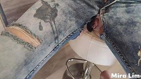 Tiny teen's jeans ripped for hard pounding