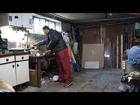 Elegant and sexy blonde gets banged in a dirty workshop