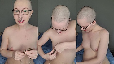 Trying out these terrifyingly spikey nipple clamps on my already over-tender nipples!