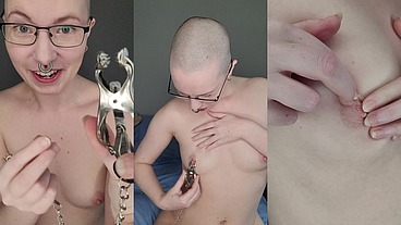 Trying out these terrifyingly spikey nipple clamps on my already over-tender nipples!