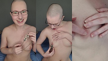 Trying out these terrifyingly spikey nipple clamps on my already over-tender nipples!
