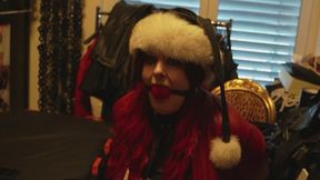 Christmas Kneeling Ornament – Red Pleather Coat, Hands Crossed Behind Back with Collar-to-Hands Strap, Nipple Puller with Hanging Christmas Baubles + Remote Vibrator