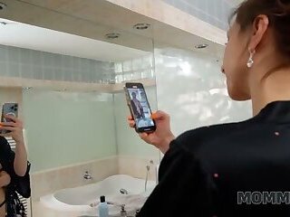 MOMMY4K. Czech mature woman used a chance and fucked a young dude in the bathroom. Hot sex with