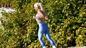 Stunning blonde with big boobs rides a hard big cock on the grass