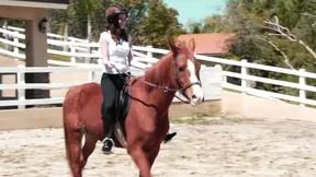 Sexy couple touching each other&rsquo;s bodies on a wooden horse