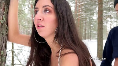 Petite teen girlfriend blows her boyfriend under falling snow in a remote forest and takes his cumshot straight on her face