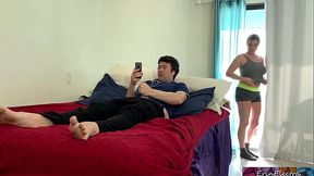 Peeping stepmom watches stepson masturbate and gets turned on