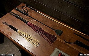 Blonde ebony TS anal fucks bound man